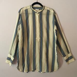 Vince Cream Blue Green Stripe Button Down Shirt Cotton Silk Preppy Women size 14
